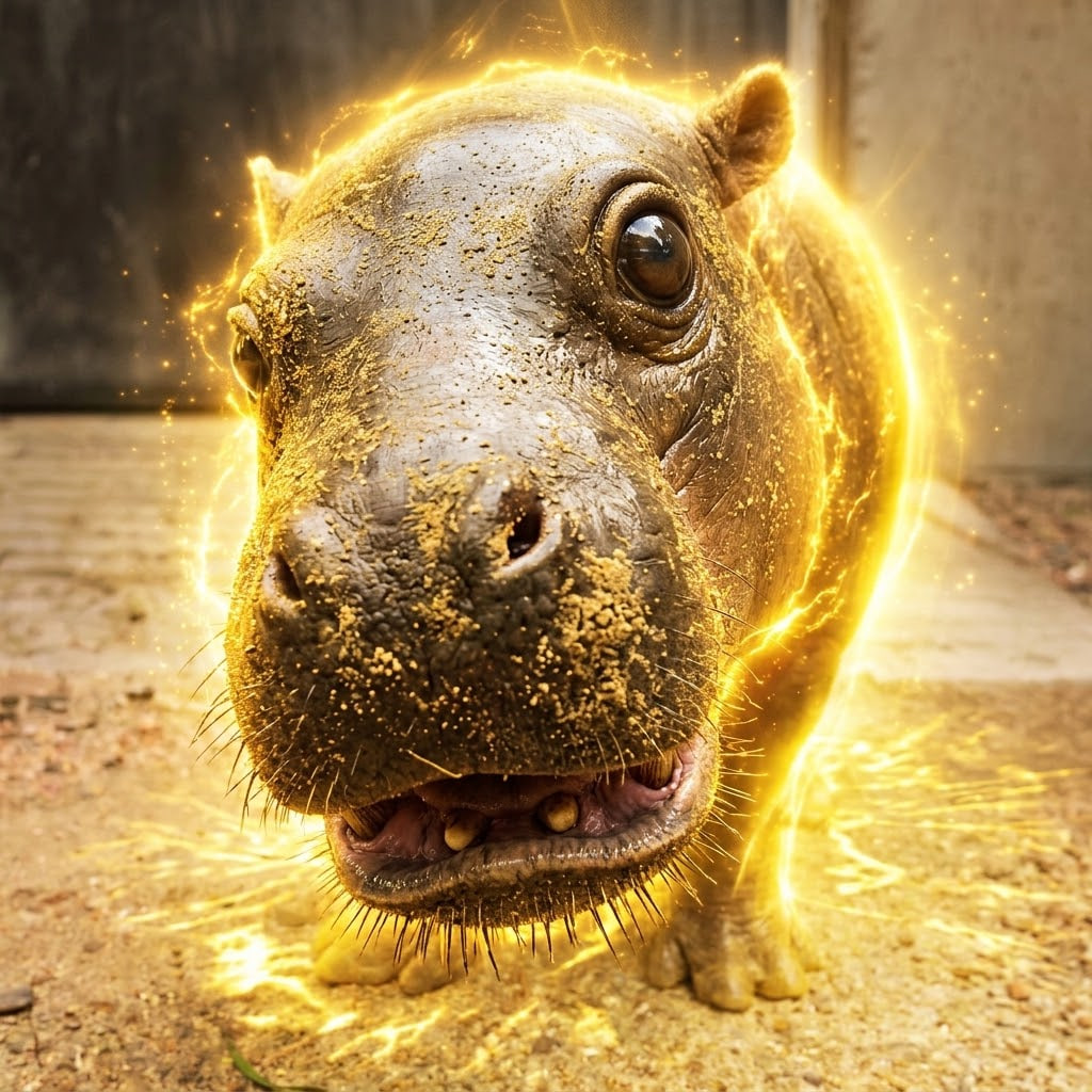 Creator-supplied fantasy artwork of a glowing golden pygmy hippo close to the camera